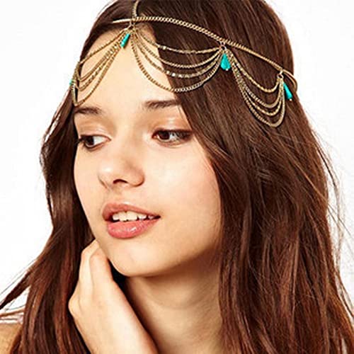 Aneneiceera boho camadas turquesa na cabeça da cabeça da cabeça de tamel dourado Trassel Dangle Teard -Chain Chain Clandpieces