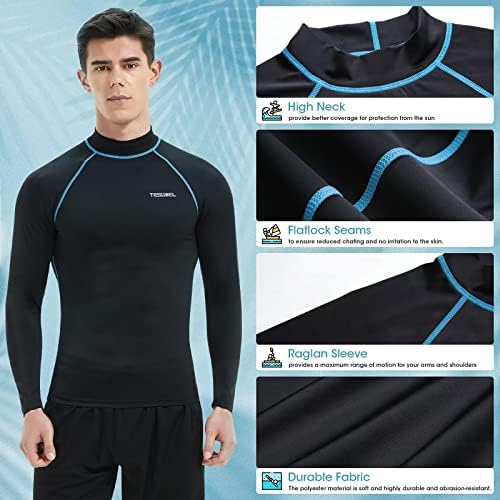 Tesuwel Mens Rash Guarda Longa Camisas de natação para homens UPF 50+ Camisas de água de compressão de proteção UV para navegar