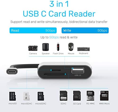 SD Card Reader USB C, Unitek 3 em 1 Tipo C para câmera USB SD/Micro SD Memory Card Litor