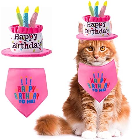 Ushang Pet Cat Feliz aniversário com velas coloridas, chapéu de bolo de aniversário de gato rosa e lenços de bandana de aniversário