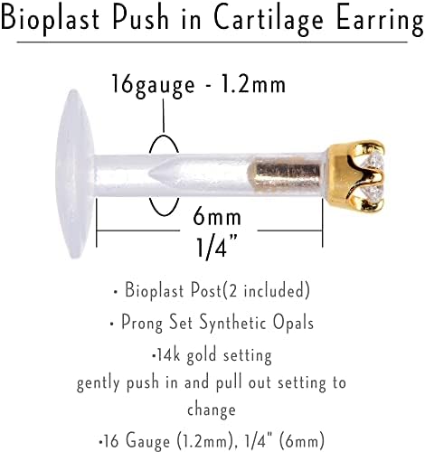 Body Candy 16 Bedage 1/4 Post Post Post 14K Amarelo Gold 1,5mm Cz Bioplast Push in Cartilage Brincho