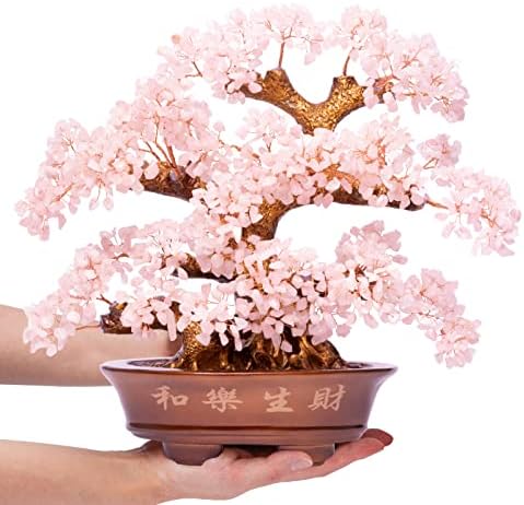 Gemboury Natural Rose Quartz Tree grande, árvore de cristal de chakra de 14 com moedas de sorte Propriedades de cura em cadeia