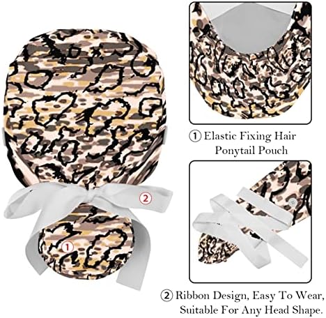 Caps médicos para mulheres com botões cabelos longos, tampa de trabalho ajustável de 2 peças, impressão de leopardo animal