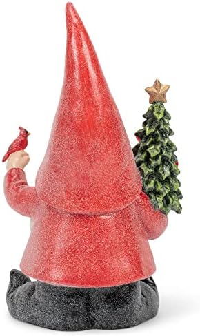 Napco Garden Gnome segurando uma árvore de Natal leve LED e estatueta do cardeal, altura de 12 polegadas, vermelho, branco,