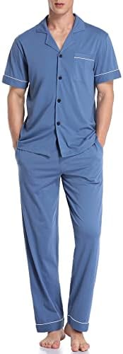 Colorfleafleaf Men's algodão pijamas Button Down Lowear Leva Short e Calças Longas PJS