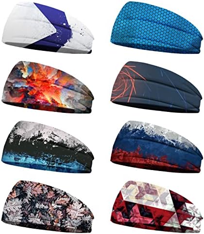 obmwang 8 peças homens esportam bandanas de cabeça para a cabeça das faixas de cabeça não deslizantes esportes de bandas de suor atléticas Bandas para a cabeça para viajar Fitness Athletic Elastic Wicking para homens e mulheres