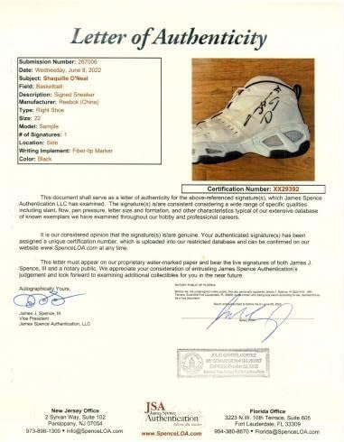 Shaquille O'Neal assinado sapato autografado branco/roxo reebok tamanho 22 JSA xx29392 - tênis da NBA autografados