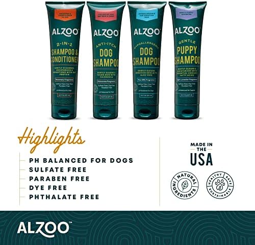 Shampoo de cachorrinho Alzoo Gentle, especialmente formulado para filhotes de pele delicada, ingredientes ativos à base