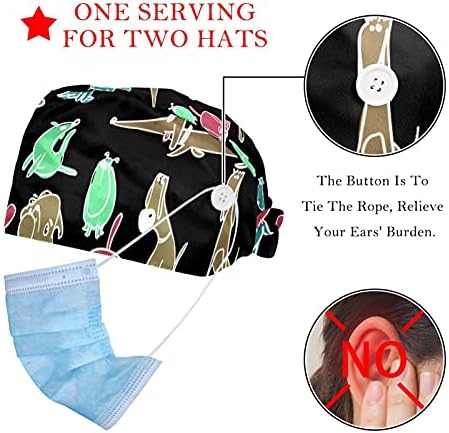 2 pacotes de tampa de trabalho com botão e banda de moletom para mulheres longas cabelos ajustáveis ​​chapéu de animais de estimação