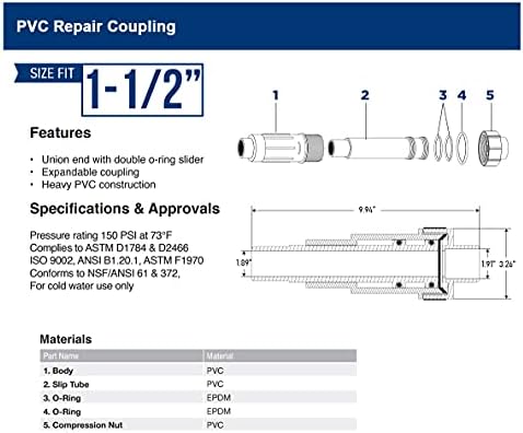 Válvula da linha média 567SD112 Acoplamento de reparo de PVC pesado; Ajuste de tubo expansível; 1-1/2 pol; Plástico branco