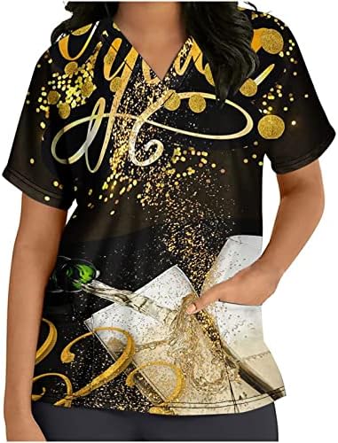 Ano Novo Scrub Tops for Women Holiday Workwear 2023 Scrub camisetas de manga curta v pescoço brilhante Tops com bolsos