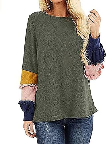 Túnica feminina bloco colorido bloco de manga longa de renda de renda swort blusa de camiseta top