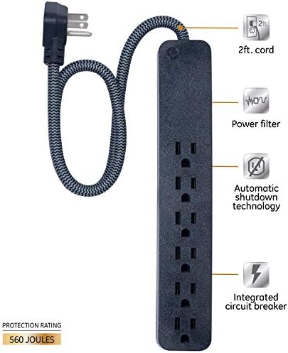 Protetor de onda de saída de 6 outlet de 6 pés, cordão de extensão trançada de designer de 2 pés, preto, 45266 e ge ge pro pro pro