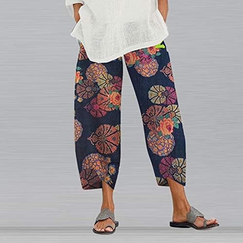 Calça de verão da moda do malaidog para mulheres linho de algodão solto e elástico de cintura larga pernas largas calças de lounge cortadas