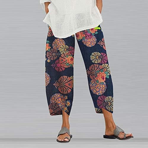 Calça de verão da moda do malaidog para mulheres linho de algodão solto e elástico de cintura larga pernas largas calças de lounge