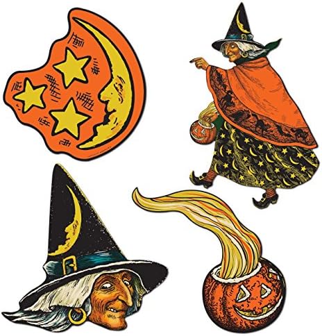 Beistle 4 peças Spooky Vintage Halloween Retro Cardstock Cutts Decor de parede, 6,5 - 10.5, multicolor