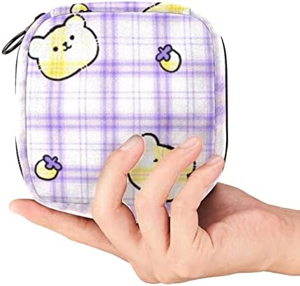 Bolsa de armazenamento de guardanapos sanitários de Oryuekan, bolsas de zíper menstrual reutilizável portátil, bolsa de armazenamento de tampões para mulheres meninas, desenho animado adorável animal urso roxo xadrez