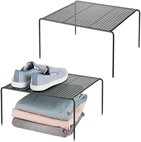 Mdesign Farmhouse Metal empilhável Prateleira de armazenamento - armário, armário, organizador elevado de bancada de 2 camadas - para quartos, banheiros, entradas, corredores, 2 pacote - preto