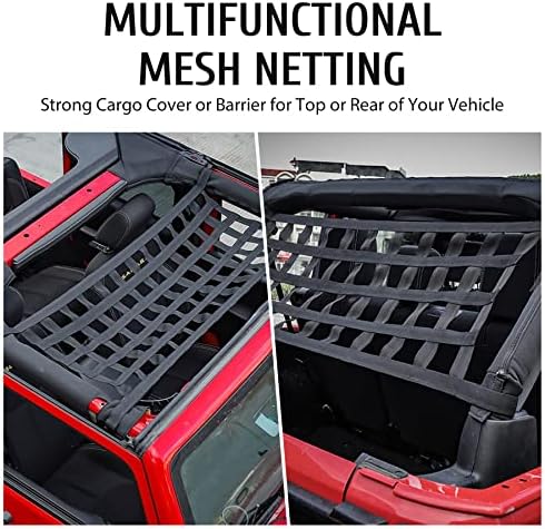 OMT Mesh Cargo Net 2 pacote, telhado Hammock Compatível com 1987-2022 Jeep Wrangler YJ TJ JK JL & Gladiator JT Jeep Wrangler Hammock