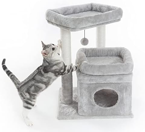 Árvore de gatos pesofer, pequena torre de gato com bola pendurada e poleiro cinza claro