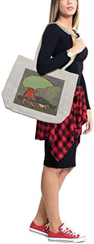 Bolsa de compras de Ambesonne Umbrella Girl, interpretação de uma senhora andando com um cachorro sob clima chuvoso,