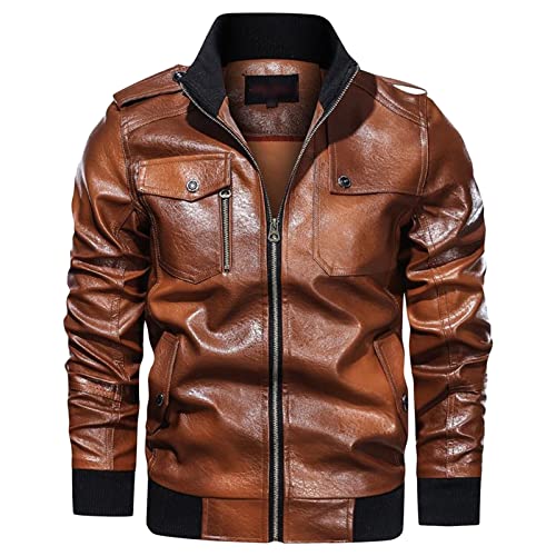 Homens Stand Collar Faux Leather Jacket Vintage Motorcycle Zip Up Bomber Jackets