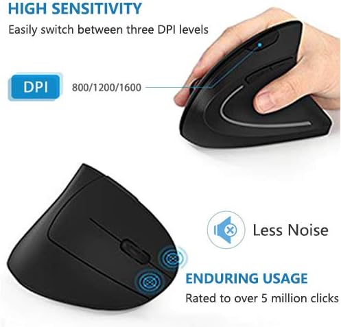 Mouse ergonômico acedada, mouse sem fio vertical, ratos ERGO ópticos recarregáveis, 800 /1200 /1600 dpi, 5 botões para laptop,