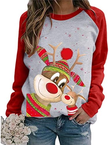 Rmxei feminino impressão de natal casual raglan maia longa camisas blush tops