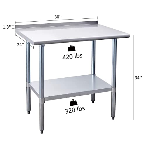Tabela de trabalho de aço inoxidável comercial com backsplash para preparação e trabalho 740 libras carga máxima de