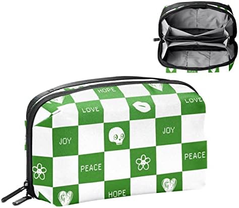 Carteira de bolsa de bolsa de viagem de caixa de caixa de transportar Caixa de viagem USB Organizador de bolso Zipper, verifique a paz amor alegria esperança coração crânio verde