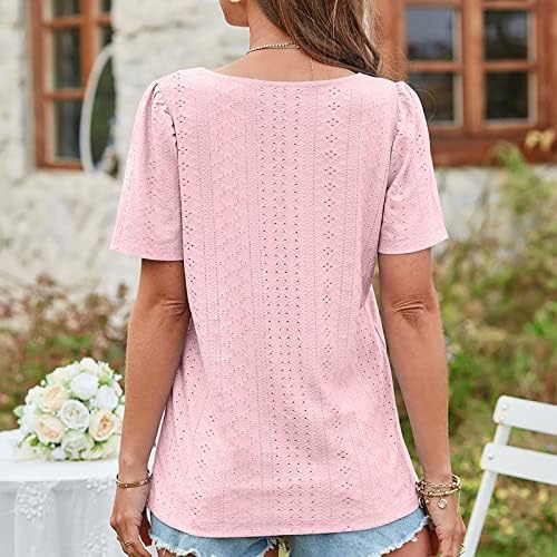 Tampas de ilhas de crochê de renda para feminino Fashion Square Neck Camisetas básicas camisetas de túnica de manga curta de verão