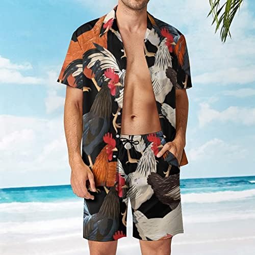 Roupas coloridas de galinhas coloridas roupas de 2 peças de praia de botão havaiano camisa de manga curta e ternos