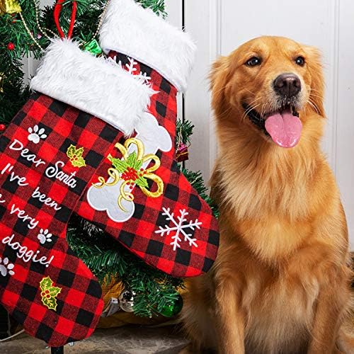 Dog Christmas Stocking - Bordado personalizado Classic Plaid Christmas Decoration pendurado para festa de férias,