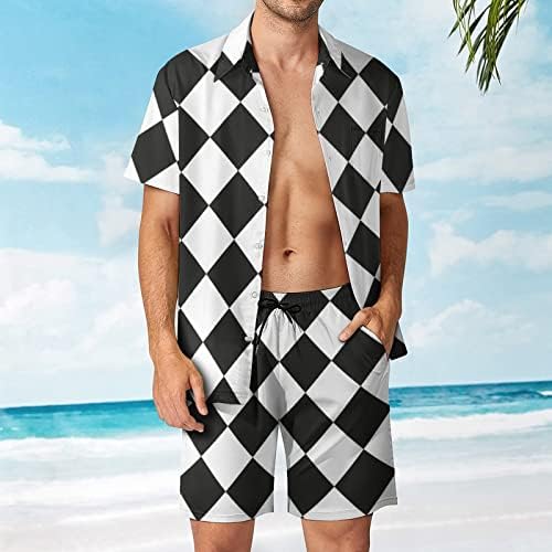 Plaids brancos pretos Men 2 peças Hawaiian Set Button-Down Sleeve Shirts Calças de praia Faixa Fit Fit