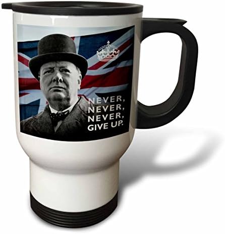 3drose Winston Churchill-nunca desista da citação sobre a caneca de viagem de fundo da Union Jack, 14 onças, branco