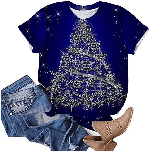 Camisa de pescoço da tripulação feminina Glitter Glitter Tree 3D Tops gráficos da moda de túnica de túnica solta de manga curta moderna