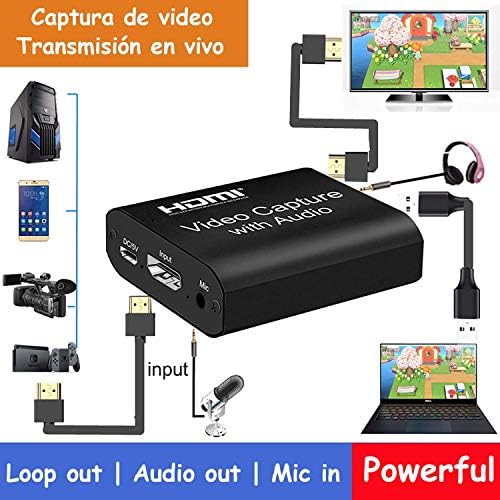 Cartão de captura de vídeo HDMI com loop Out, Full HD 1080p USB 3.0 60FPS Capture Adapter para PS5, PS4, PS3, Nintendo