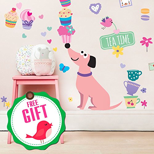 Decalques de parede de cachorro para meninas - cupcake fofo rosa decoração adesivos para crianças - adesivos de decoração de