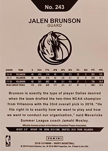 Jalen Brunson 2018 2019 Hoops Basketball Series Mint Rookie Card 243, imaginando -o em sua camisa azul de Dallas