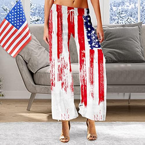 4 de julho Pants de ioga para mulheres Casual Summer Summer Baggy String calça de perna larga Pontas de lounge patriótica American Flag