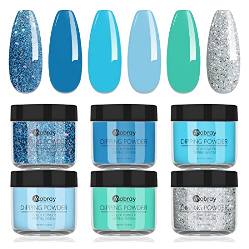Conjunto de unhas em pó Mobray Dip, 6 cores azuis clássicas Glitter Dipping Powder Kit de partida francesa Manicure Diy Salon Presentes para mulheres, sem necessidade de lâmpada de unha
