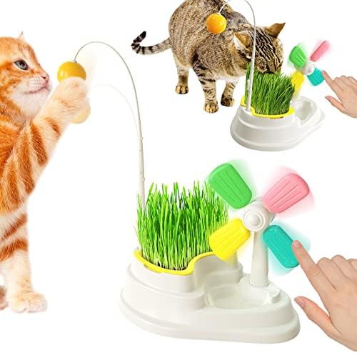 NP Um brinquedo de gato de estimação interativo que integra potes de plantio de grama de gato, moinhos de vento girando,