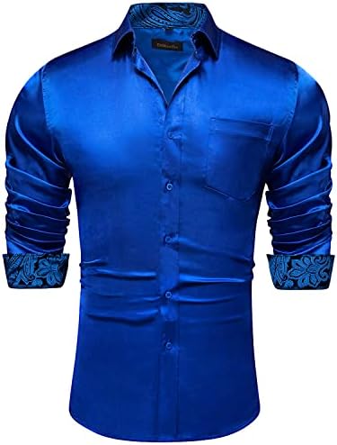 Camisa de cetim e cetim de Dibangus para homens Contraste interno Camisas de vestido masculinas de manga comprida camisetas casuais