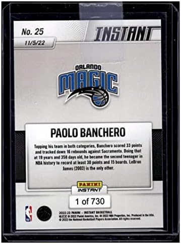 Paolo Banchero RC 2022-23 Panini Instant /730 Rookie 25 Magic MT-MT+ NBA Basquete