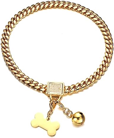 RumyPet Gold Dog Chain Collars com etiqueta de identificação de cachorro e sino de zircônia cúbica bloqueio de 10 mm/14mm/18mm