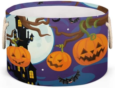 Cena de Halloween de desenhos animados grandes cestas redondas para cestas de lavanderia de armazenamento com alças