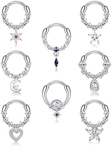 LOYALLOOK 8pcs septo anéis pendurados jóias de septo de lágrima com o planeta azul claro cz aço cirúrgico estrela daith brincos