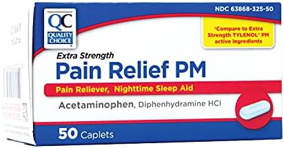 Escolha de qualidade Alívio da dor de força extra PM, analgésico e ajuda do sono noturno, acetaminofeno 500 mg e difenidramina hci 25 mg, 50 pacote de caplets de contagem