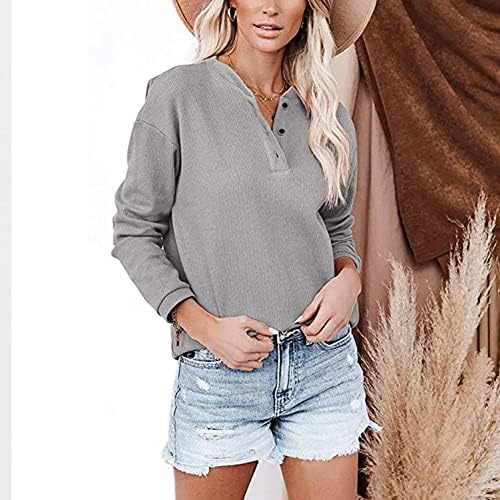 Balakie feminina com nervuras Henley Button Up V Pesh Soild Color Loue Longe Slave Tunic Tops