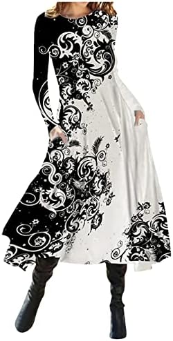 Vestido de inverno de Trebin, moda feminina de moda feminina estampada redonda no pescoço de manga comprida vestido de manga